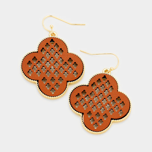 Laser Cut Out Genuine Leather Clover Dangle Earrings