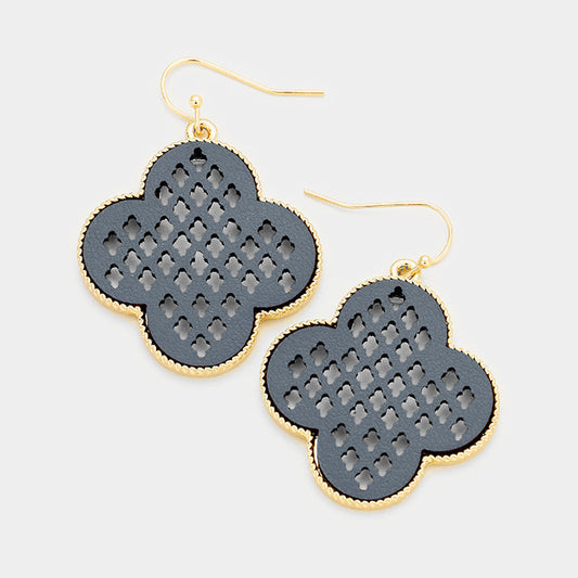 Laser Cut Out Genuine Leather Clover Dangle Earrings Grey
