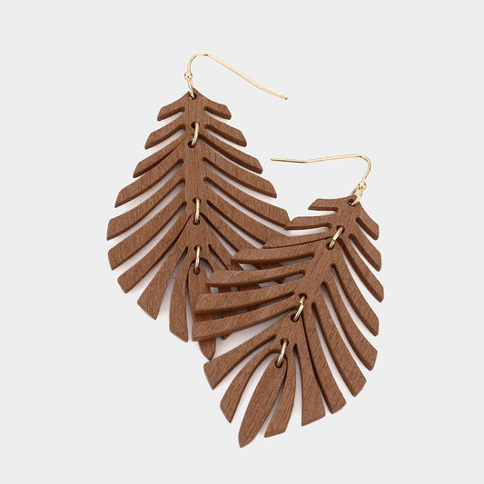 Wood Leaf Dangle Earrings Brown