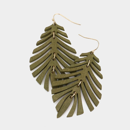 Wood Leaf Dangle Earrings Olive