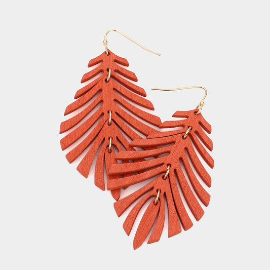 Wood Leaf Dangle Earrings Orange