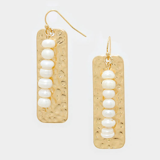 Hammered Metal Rectangle Disc & Pearl Earrings Gold Tone