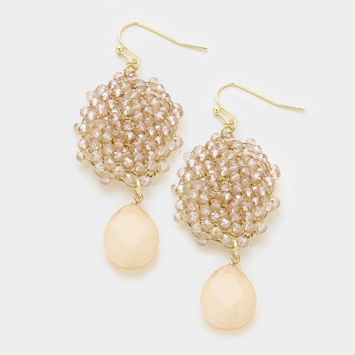 Woven Crystal Beads with Agate Teardrop Dangle Earrings Gold/Neutral