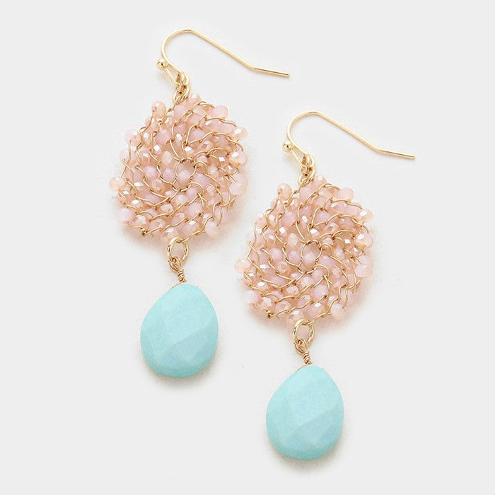 Woven Crystal Bead with Turquoise Teardrop Dangle Earring Peach/Turq