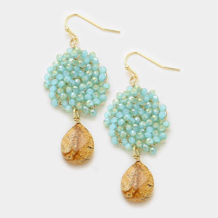 Woven Crystal Bead with Jasper Teardrop Dangle Earring Turquoise/Brown