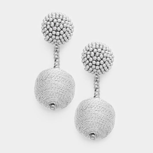 Silver Thread & Bead Ball Earrings
