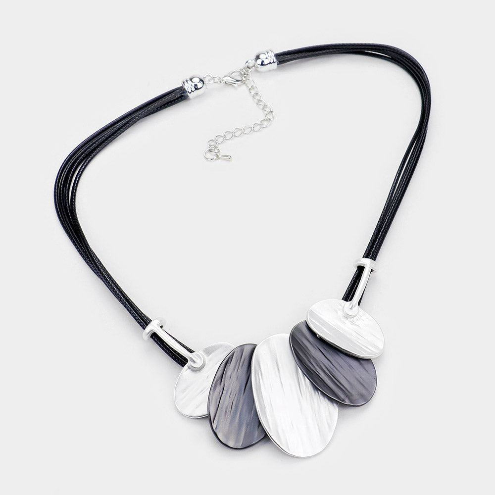 Textural Oval Metal Décor. Vegan Leather Cord Necklace Black/Silver