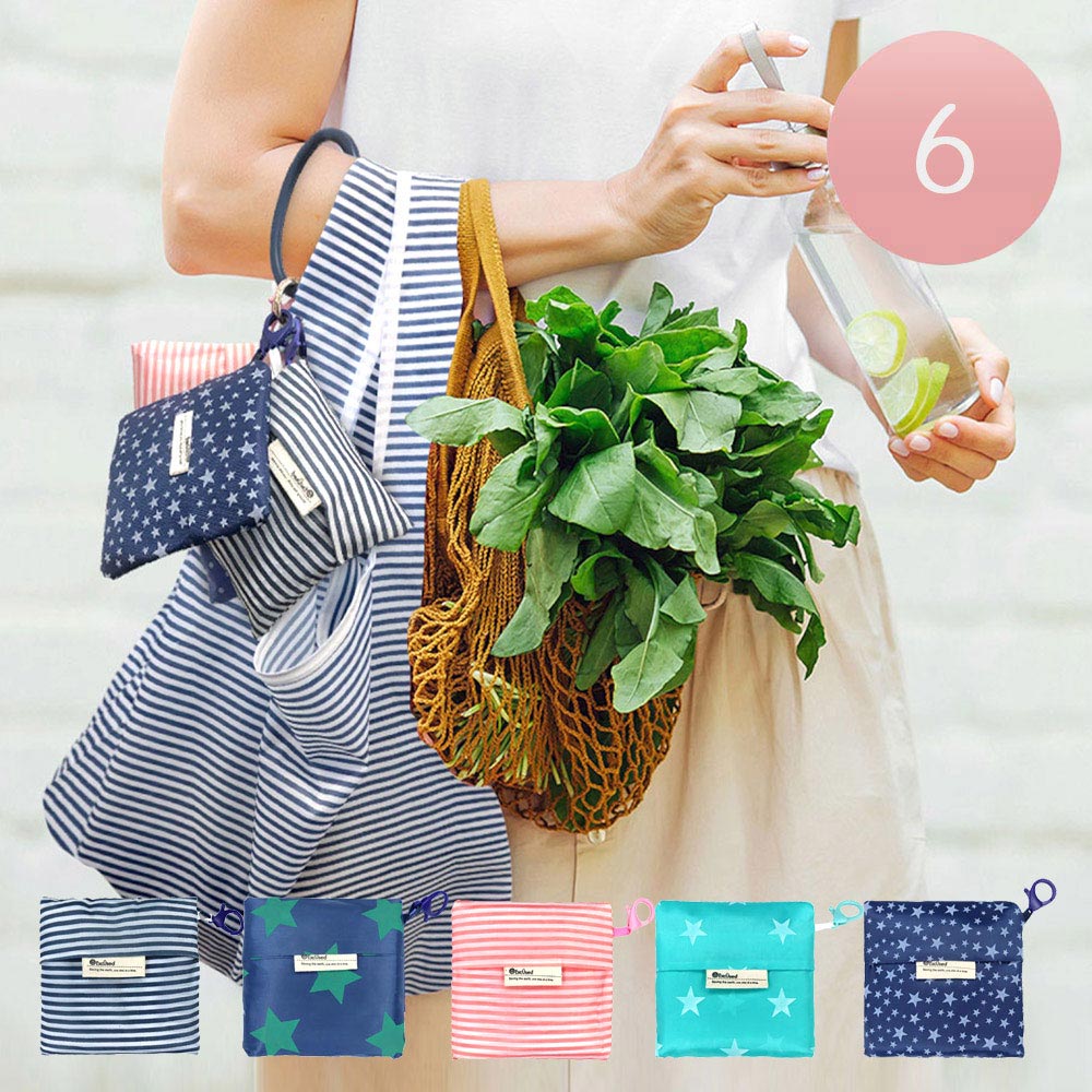 Eco-Reuse 6 Piece Silicone Handle Patterned Tote Shopping Bags Set