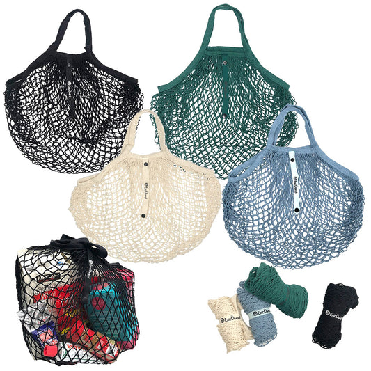 Reusable Cotton French Net Shopping Long Handled Tote Bag Dark Colors