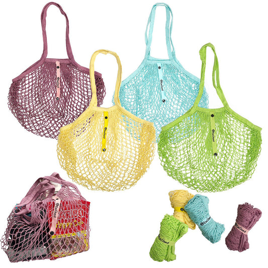 Reusable Cotton French Net Shopping Long Handled Tote Bag Light Colors