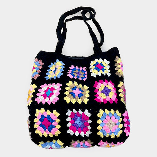 Granny Square Flower Pattern Crochet Tote Bag BLK