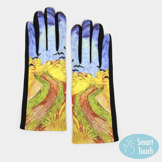 ART SMART TOUCH GLOVES "WHEATFIELD WITH CROWS VAN GOGH " PRINT