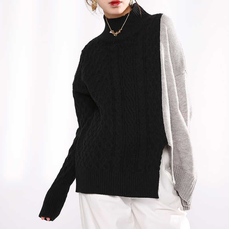 Split Two-Tone Sweater with Turtleneck Collar Long Sleeve Oversized