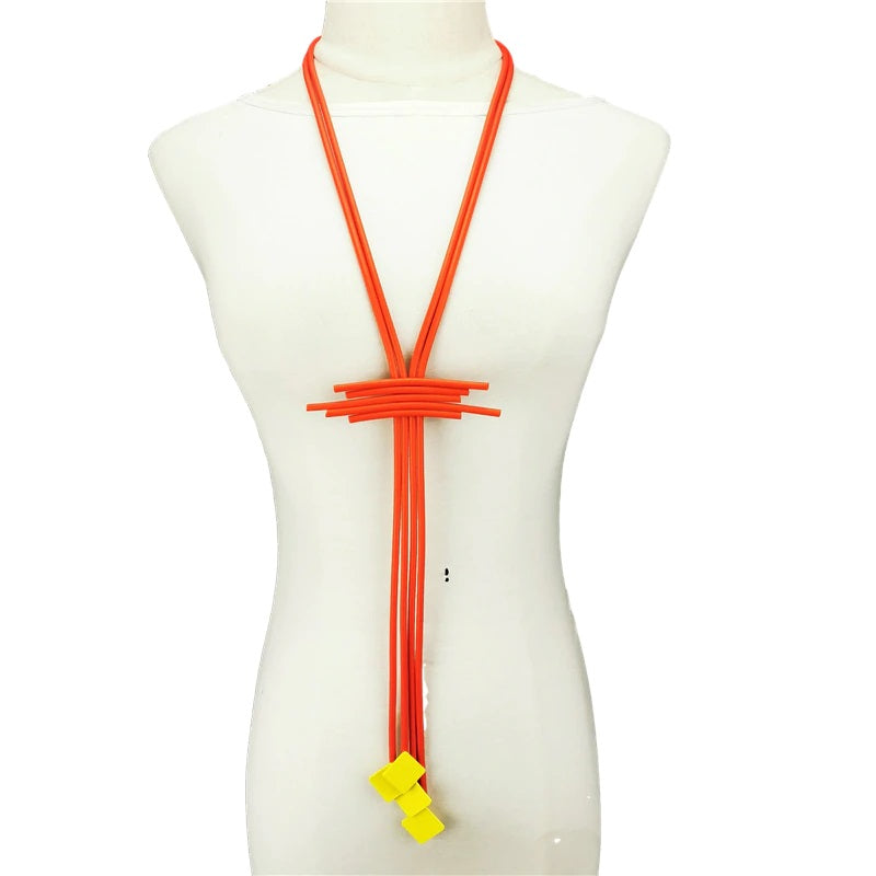 Recycled Rubber and Silicone Long Geometric Statement Necklace Red/Yellow
