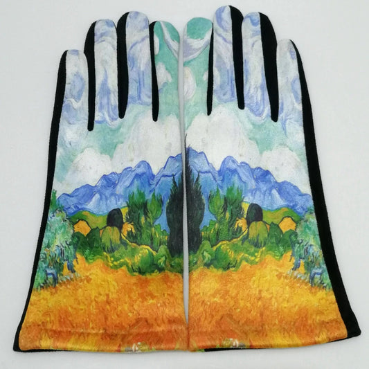 ART SMART TOUCH GLOVES "Van Gogh Art Gloves Wheat Fields & Cypress" Blue" PRINT