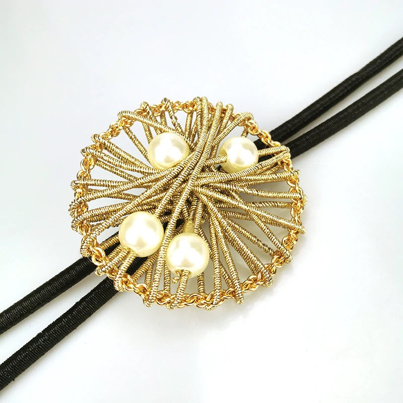 Long Necklace Woven Pendant with Faux Pearls Black Cord and Gold