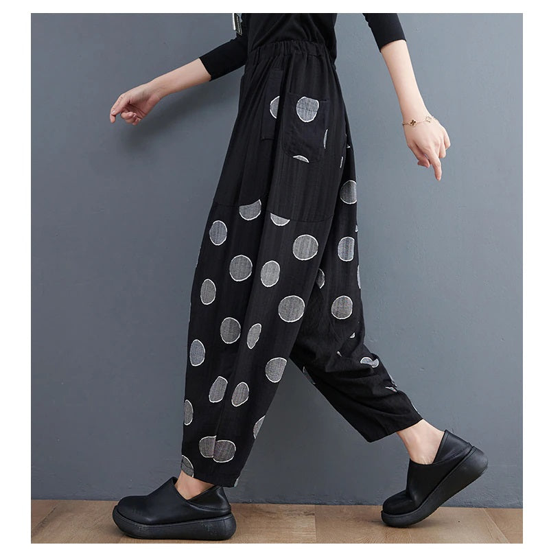 Broadcloth Dot Accent Harem Pants with Pockets Black with Gray Dots