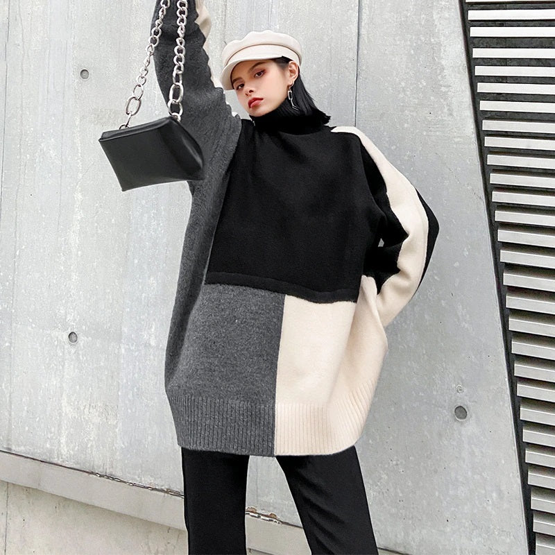 Color-block Oversized Turtleneck Long Sleeve Sweater Black Multi