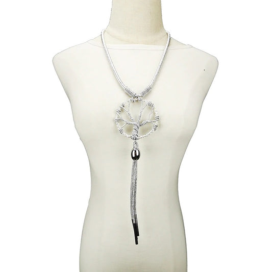 Tree Of Life Pendant Long Necklace With Tassel Silver Tone
