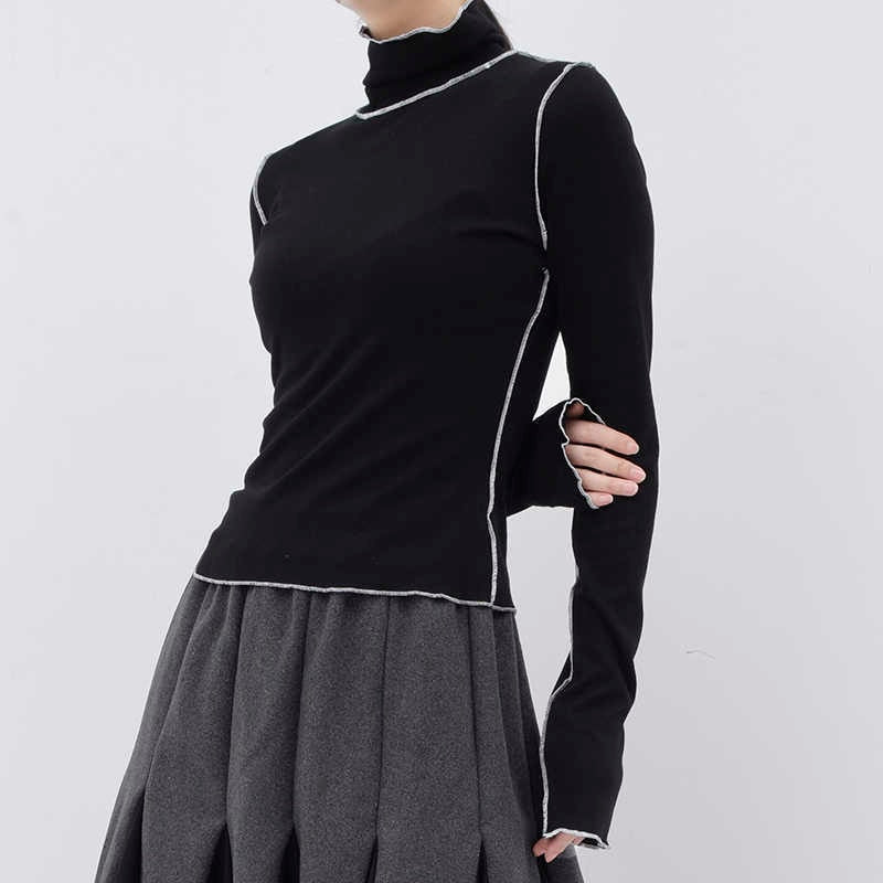 High Collar Long Sleeve Solid Color Black Split Joint T-shirt Black
