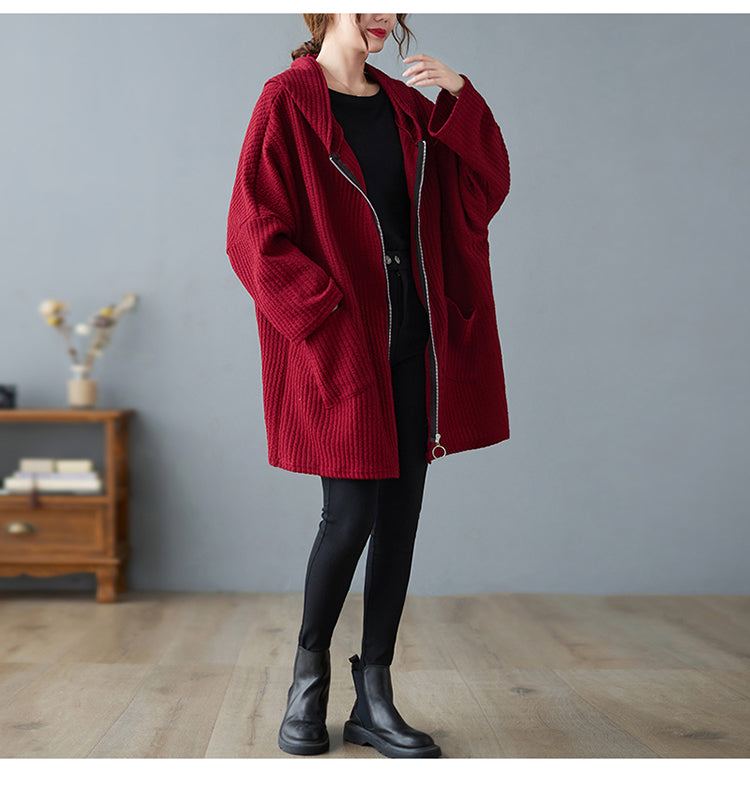 Hooded Textured Swing Coat Stripe Fabric Zipper Closure Fall/Winter Cranberry