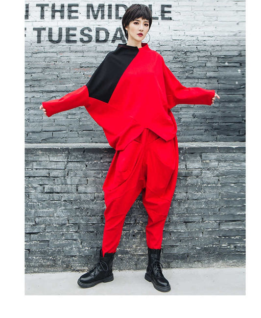 Asymmetrical Hem Pattern Stand Collar Long Sleeve Tunic Top Red/Black