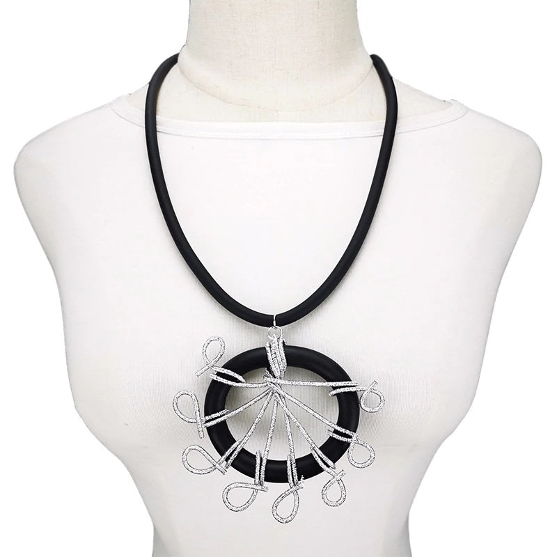 Recycled Rubber and Silicone Peacock Pendant Long Necklace Silver Cord and Black