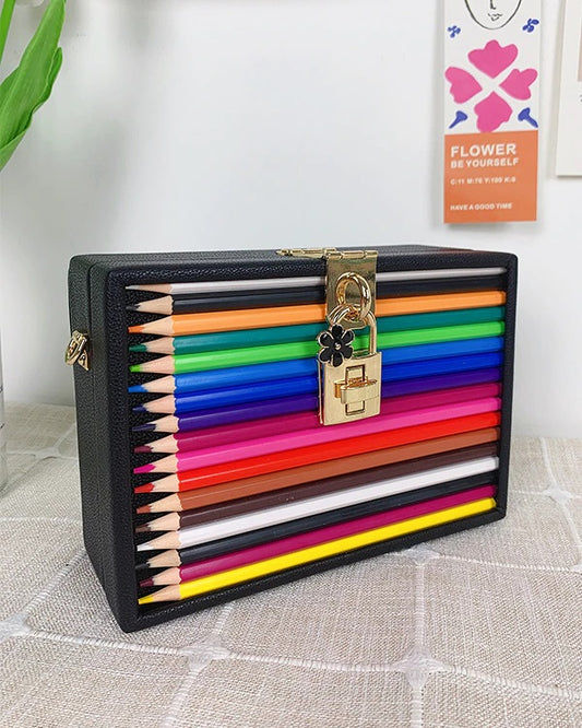 Colored Pencil Box Style Purse with Crossbody Strap Vegan Leather Black