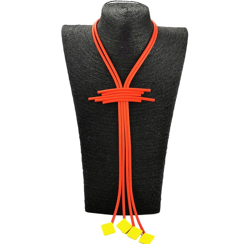 Recycled Rubber and Silicone Long Geometric Statement Necklace Red/Yellow