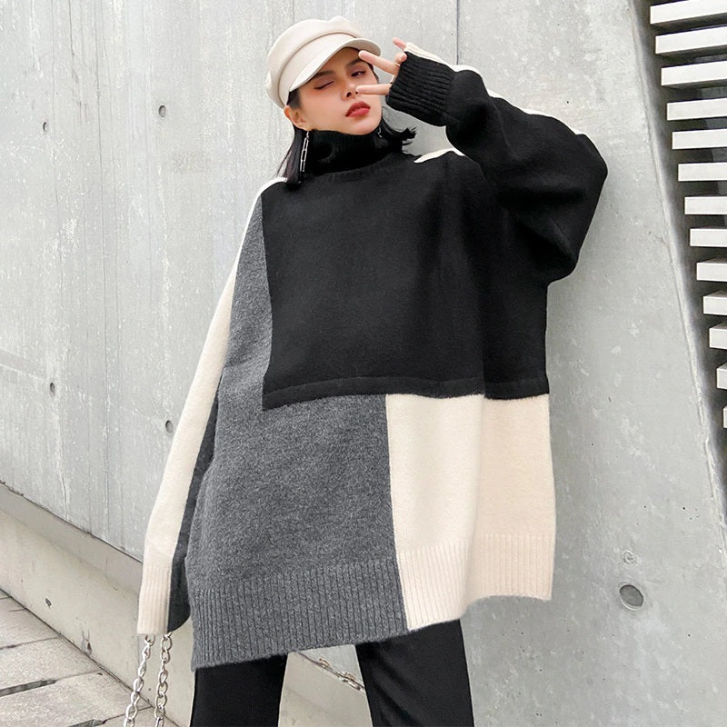 Color-block Oversized Turtleneck Long Sleeve Sweater Black Multi