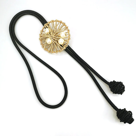 Geometric Woven Gold Pendant with Faux Pearls Black Cord Long Necklace