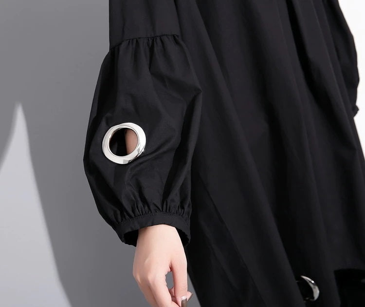 Grommet Accent Disks High Low Dress Long Sleeve Black