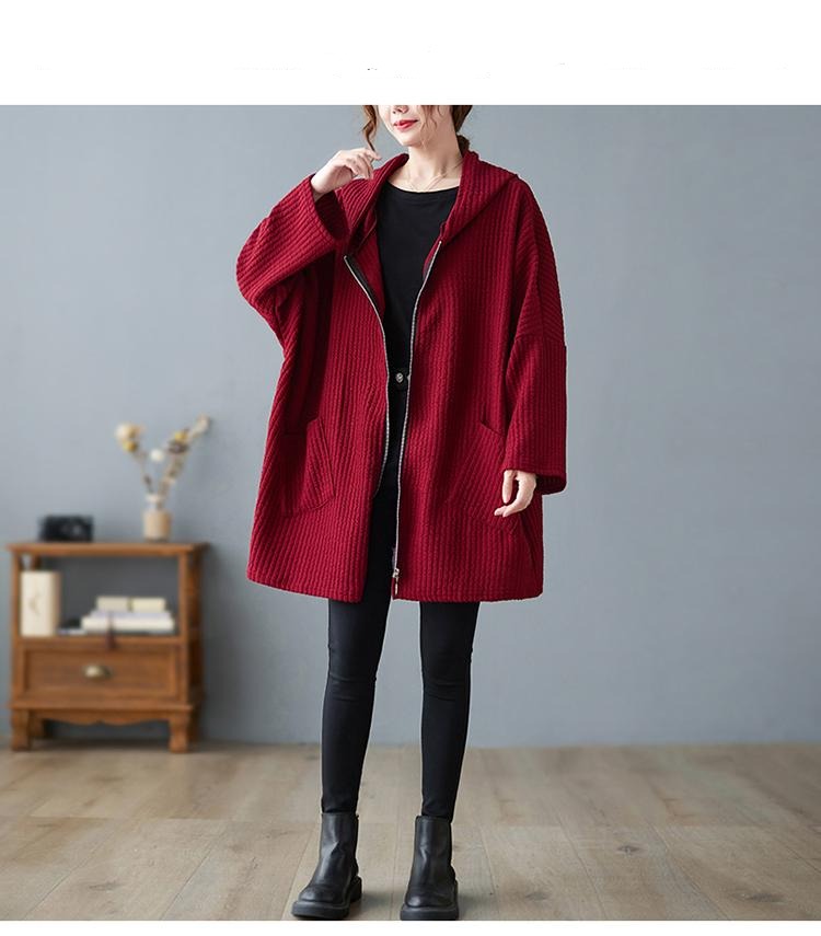 Hooded Textured Swing Coat Stripe Fabric Zipper Closure Fall/Winter Cranberry