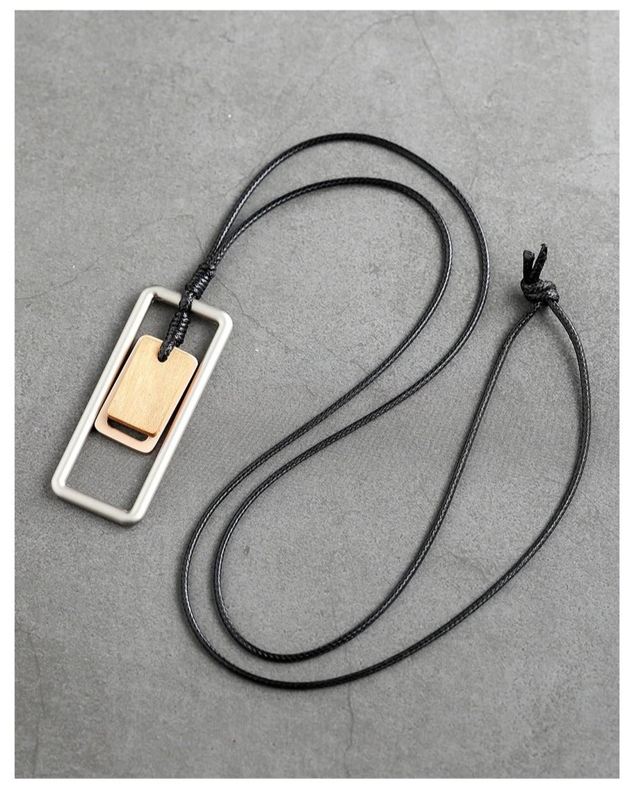 Long Necklace Metal & Wood Geometric Rect. Pendant on Black Leather Cord Silver/Brown Wood