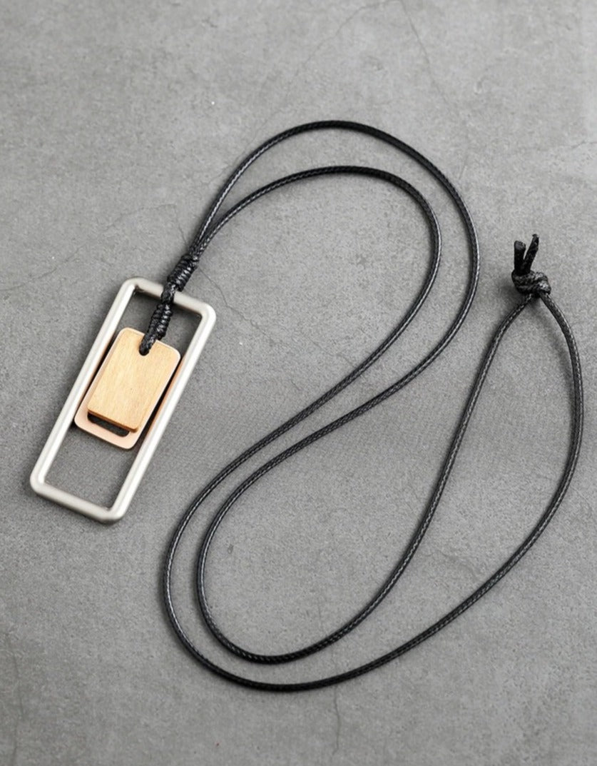 Long Necklace Metal & Wood Geometric Rect. Pendant on Black Leather Cord Silver/Brown Wood