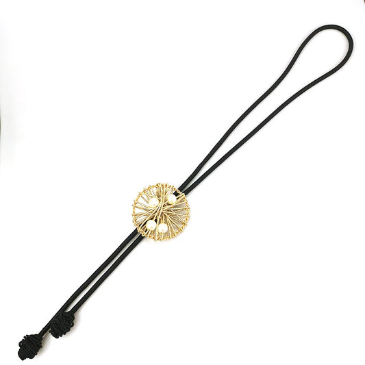 Long Necklace Woven Pendant with Faux Pearls Black Cord and Gold