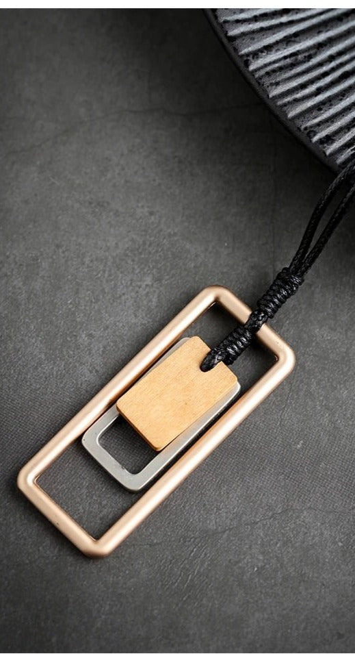 Long Necklace Metal & Wood Geometric Rect. Pendant on Black Leather Cord Rose Gold/Brown Wood