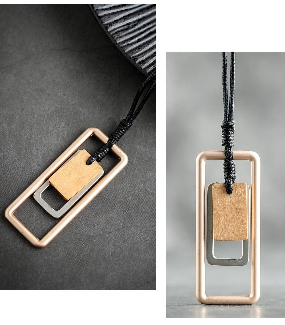 Long Necklace Metal & Wood Geometric Rect. Pendant on Black Leather Cord Rose Gold/Brown Wood