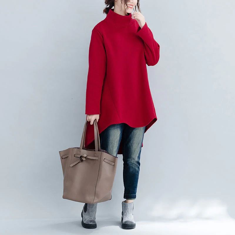 Turtleneck High-Low Asymmetrical Long Sleeve Tunic/ Top Solid Color Red