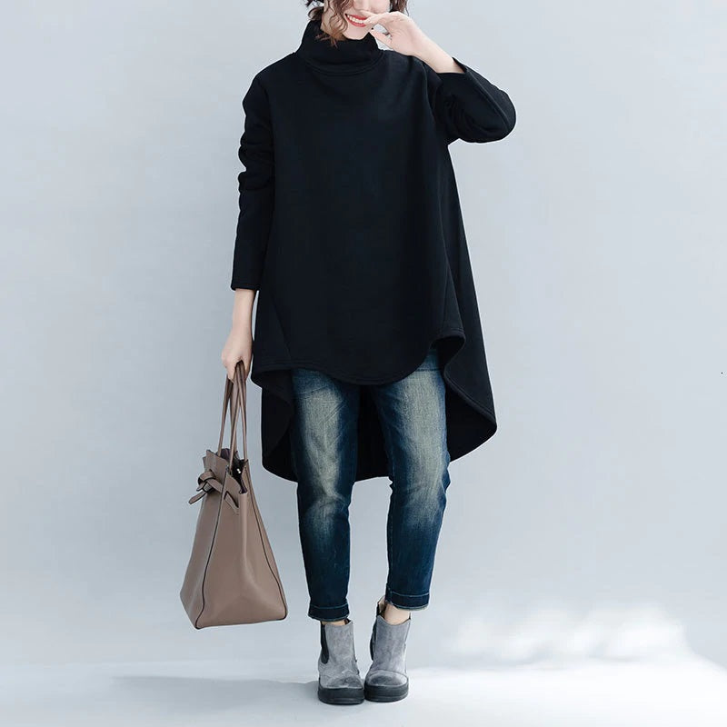 Turtleneck High-Low Asymmetrical Long Sleeve Tunic/ Top Solid Color Black