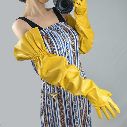 Lantern Sleeve Long Gloves Vegan Leather Womens Long Gloves Yellow