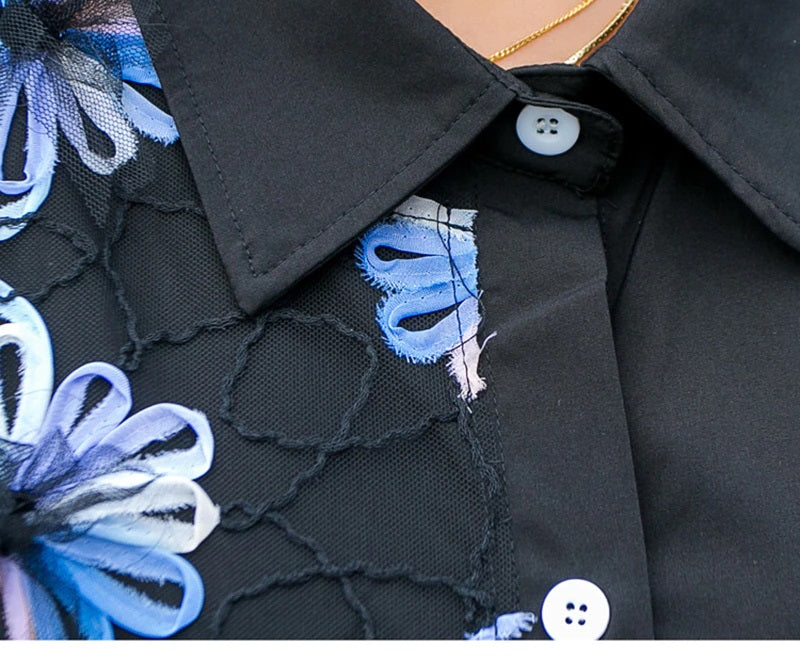 Flower Applicate and Tulle Half Hem Button Closure 3/4 Sleeve Dress Black