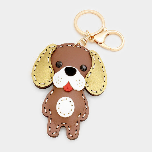 Faux Leather Puppy Keychain Brown