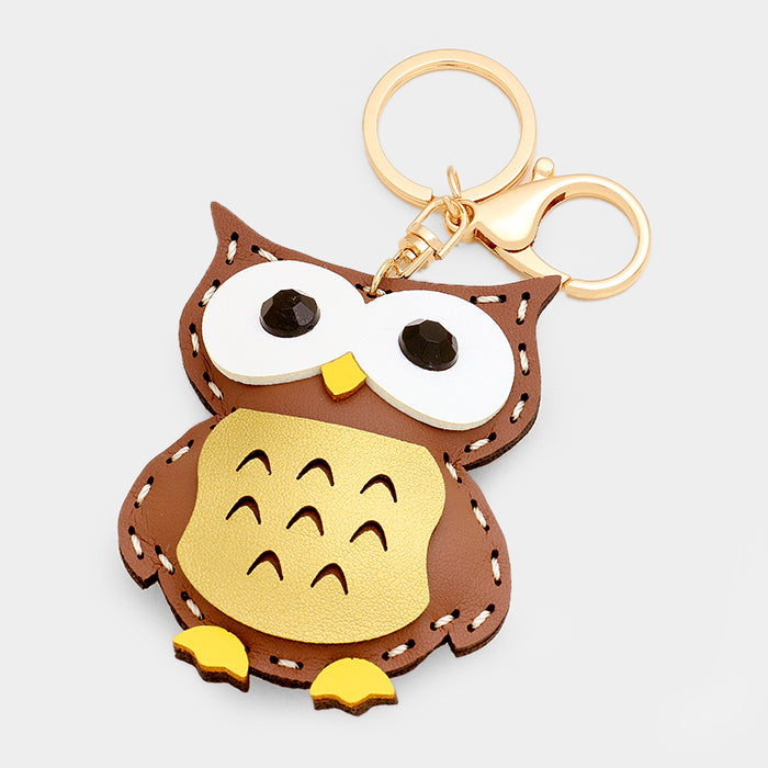 Faux Leather Owl Keychain Brown