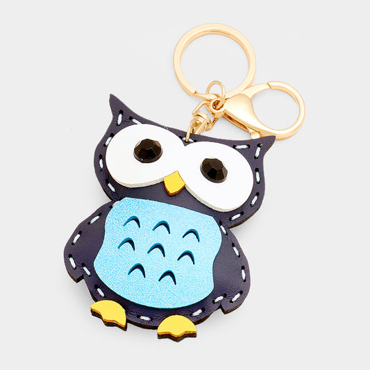 Faux Leather Owl Keychain Navy
