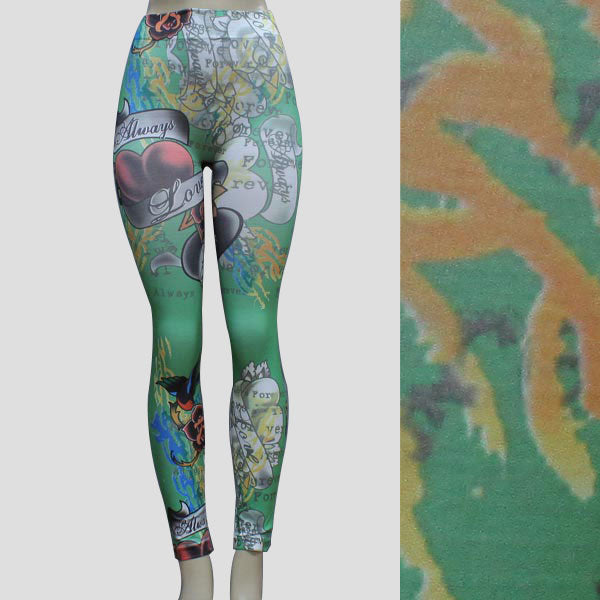 Leggings Art Graffiti Print Full Length O/S Green-Multi Color