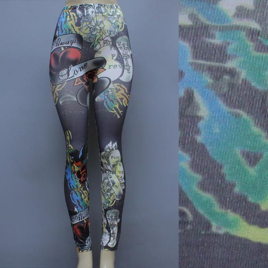 Leggings Art Graffiti Print Full Length O/S Gry-Multi Color