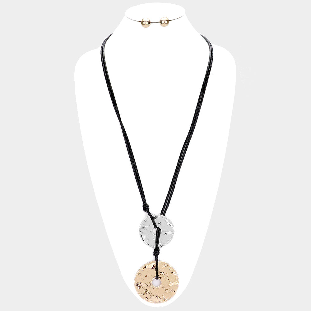 Double Hammered Round Metal Pendant Leather Long Necklace Two Tone
