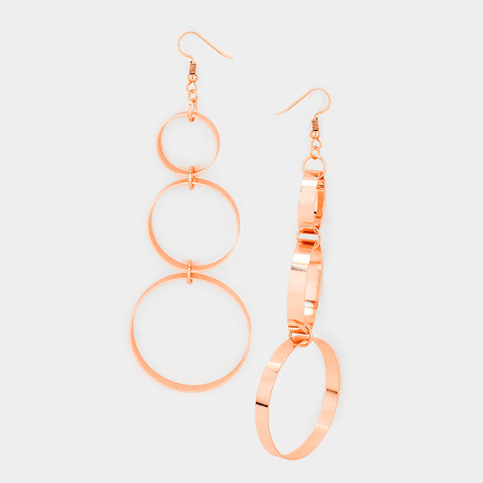 Oversized Triple Circle Metal Hoop Dangle Earrings Rose Gold Tone