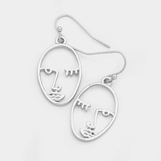 Metal Face Earrings Silver Tone Matte